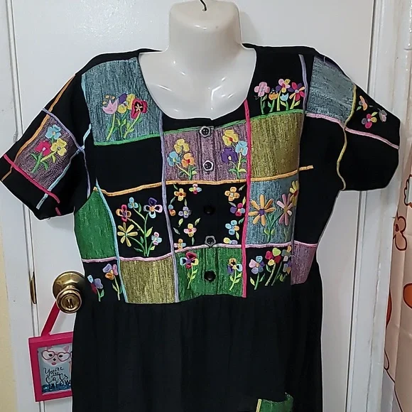 Michael Simon maxi dress XL embroidered floral black cotton pocket unique - Picture 2 of 6